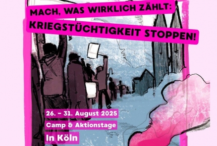 Plakat zum Camp von Rheinmetall Entwaffnen in Köln 2025, Ausschnitt