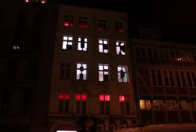 Fuck AfD auf Fasade der Druckerei im Gängeviertel