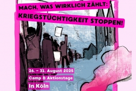 Plakat zum Camp von Rheinmetall Entwaffnen in Köln 2025, Ausschnitt