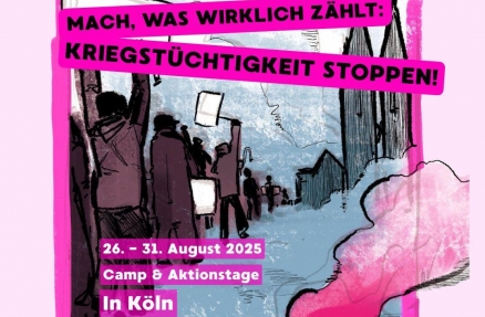 Plakat zum Camp von Rheinmetall Entwaffnen in Köln 2025, Ausschnitt