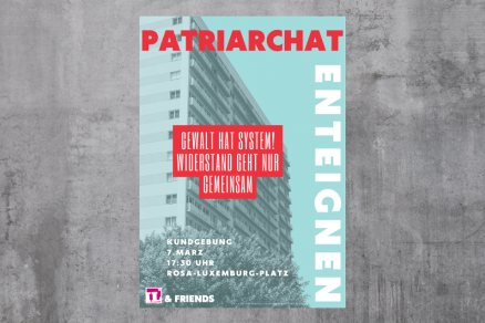 Plakat der Kundgebung "Patriarchat enteignen" vor einer grauen Wand. Das Plakat ist in Pink und Gelb gehalten. Die umrisse eines grauen Hauses sind zu sehen. Weitere Aufschrift: Gewalt hat System! Wiederstand geht nur gemeinsam.  