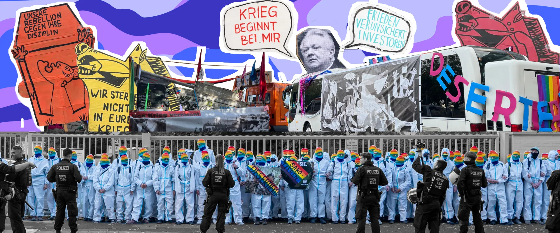 Collage unten IL Aktion vorm Karriecenter ca. 80 Menschen in weißen Maleranzügen und regenbogenhassis. Oben Schiler z.B. Unsere Rebellion gegen ihre Disziplin