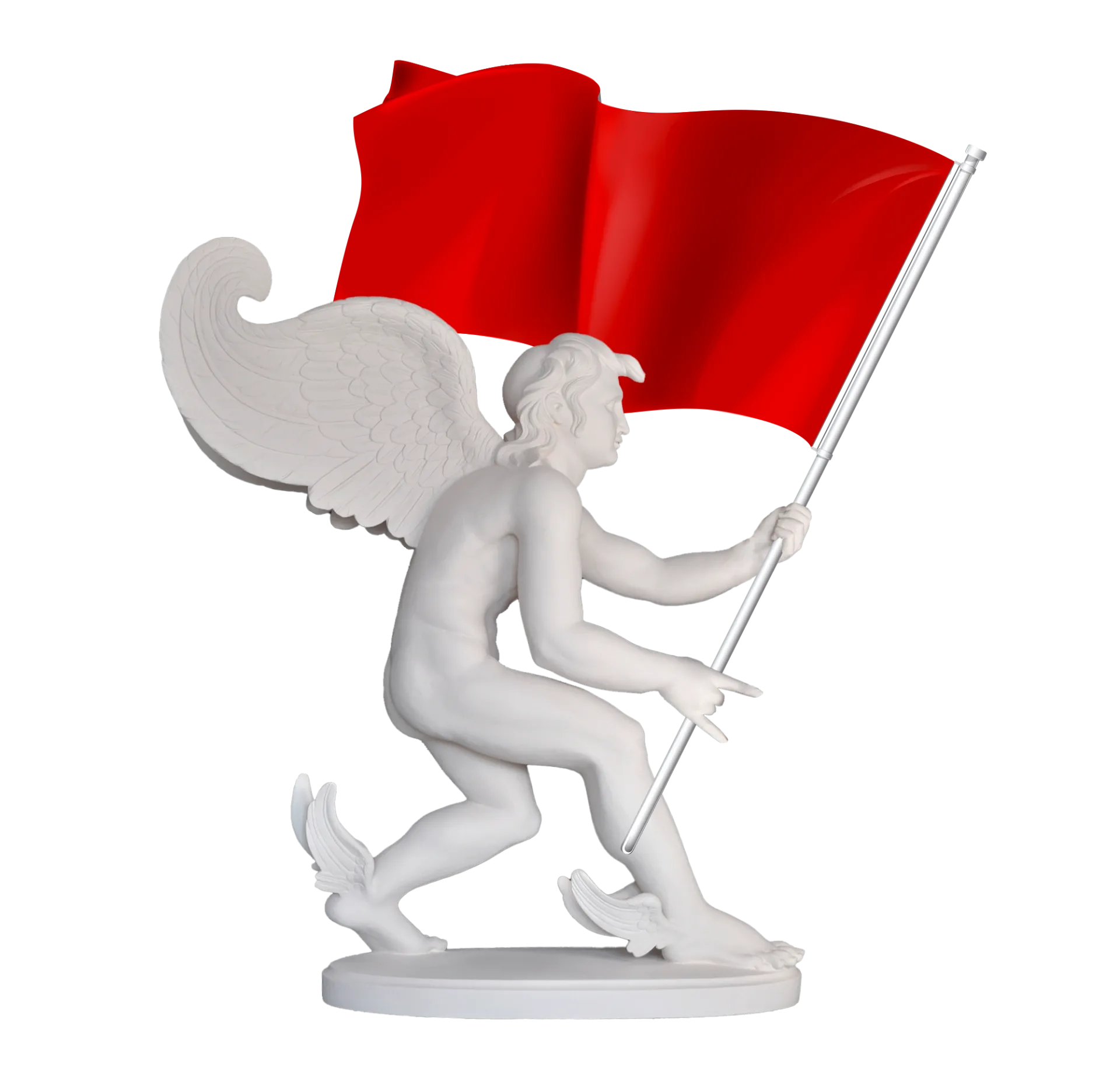 weiße Hermes Skulptur mit roter Fahne