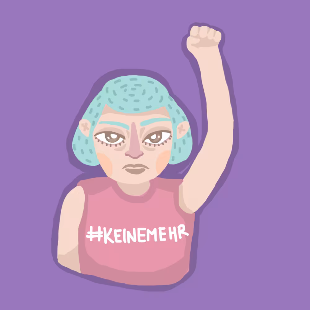 eine Person mit erhobener Faust, auf deren T-Shirt steht #keinemehr