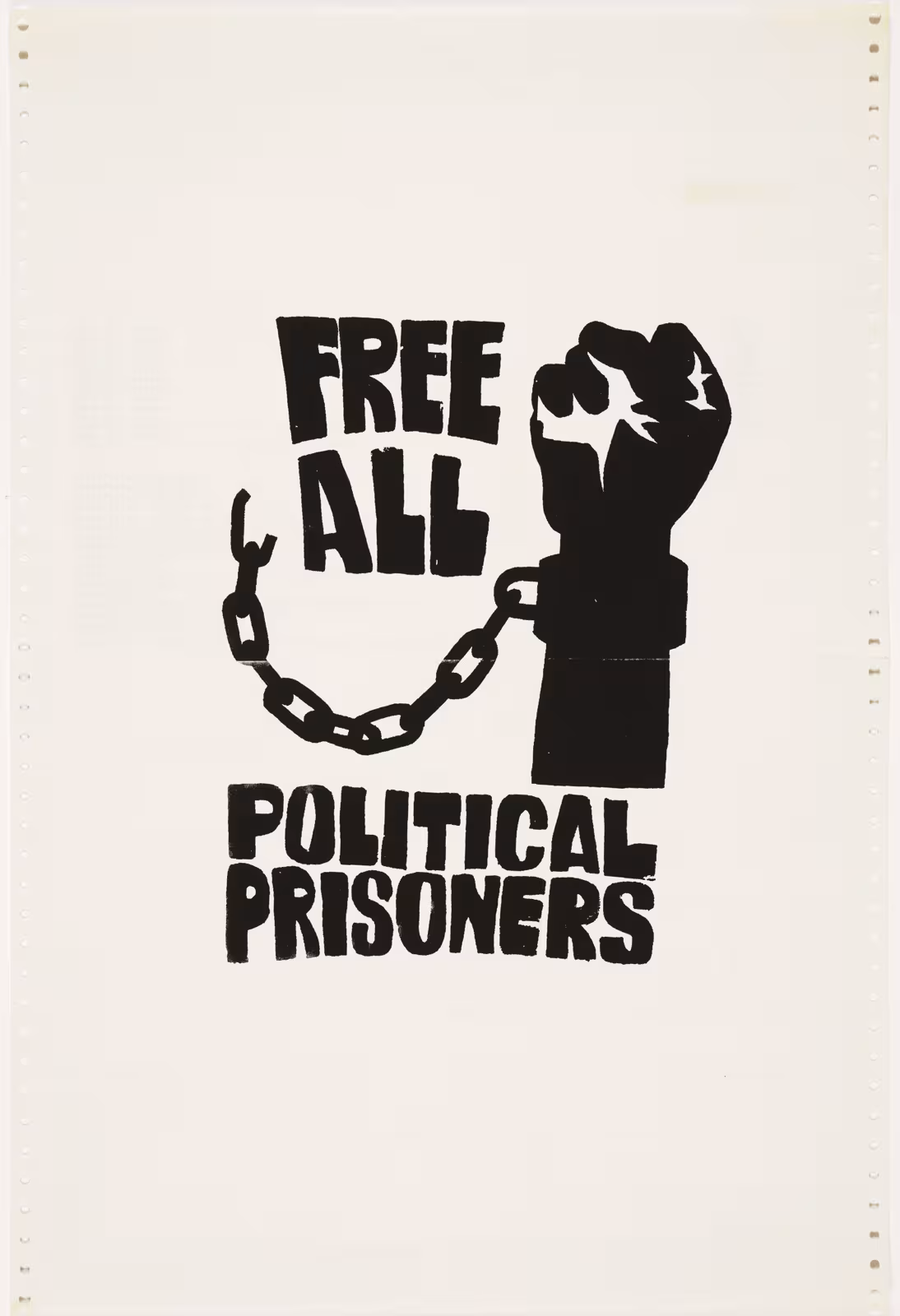 eine erhobene Faust in Ketten, daneben "Free all political prisoners"