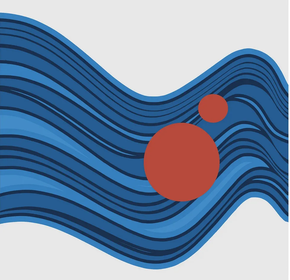 ein kleiner und ein großer roter Punkt auf einer blauen Welle