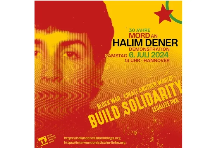 Halim Dener rot, gelbes Plakat Schriftzug: Block war, build another world