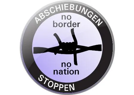 Abschiebungen Stoppen Bündnis Logo, rund schwarz, stacheldraht in der Mitte