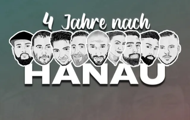 4 Jahre nach Hanau, daneben die Gesichter der Opfer des Anschlags