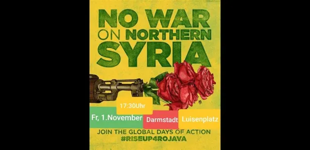 No War on southern Syria - Waffe aus der eine Rose rausguckt