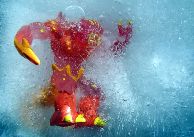 eine in Eis eingefrorene Actionfigur 
