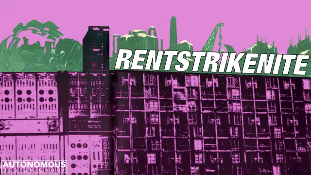 lila eingefärbte Häuserfront, über den Dächern steht rentstriken