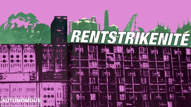 lila eingefärbte Häuserfront, über den Dächern steht rentstriken