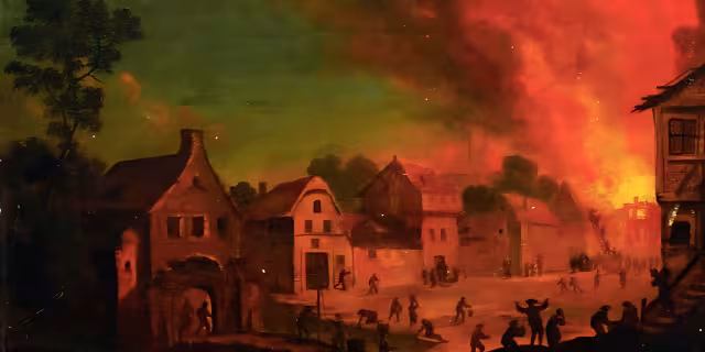 Häuser, die in rotes Licht getaucht sind, im rechten Bildrand eine große Flamme