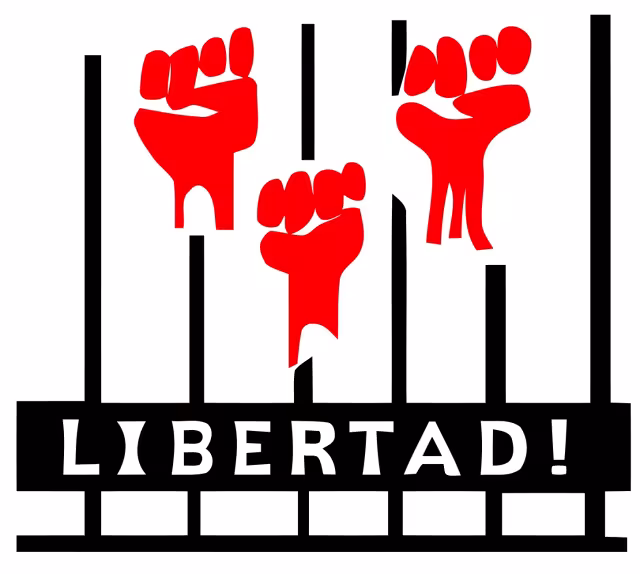 drei erhobene Fäuste darunter der Schriftzug Libertad!