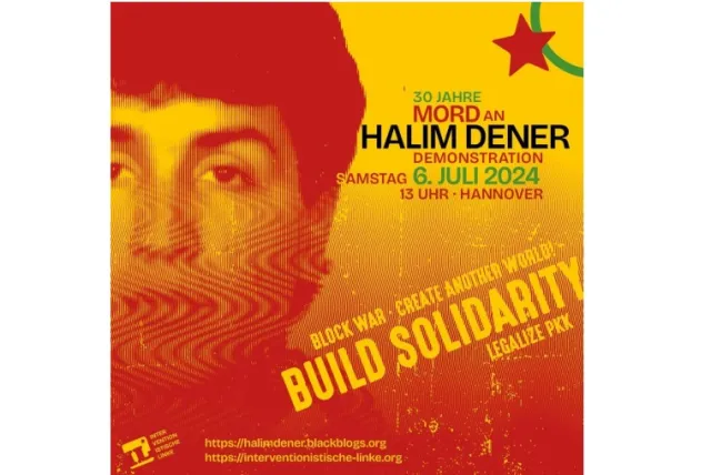 Halim Dener rot, gelbes Plakat Schriftzug: Block war, build another world