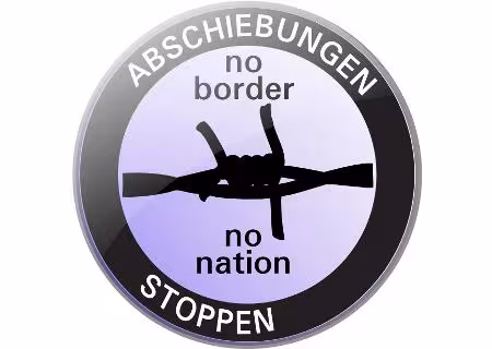 Abschiebungen Stoppen Bündnis Logo, rund schwarz, stacheldraht in der Mitte