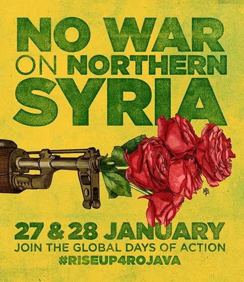 No War on southern Syria - Waffe aus der eine Rose rausguckt
