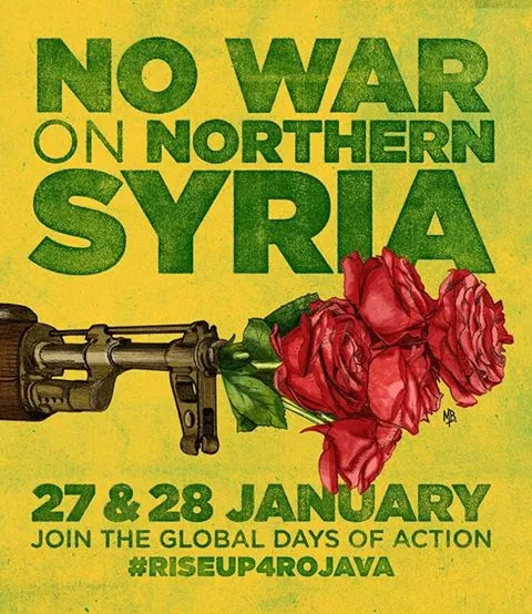 No War on southern Syria - Waffe aus der eine Rose rausguckt
